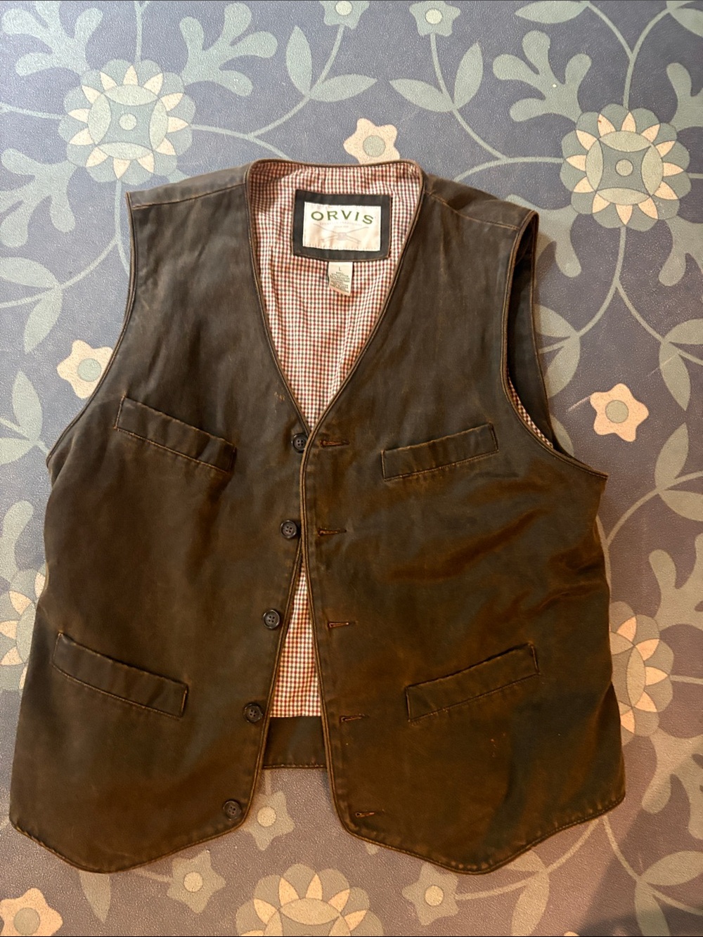 Orvis Men's Dark Brown Waxed Cotton Vest with Button Front